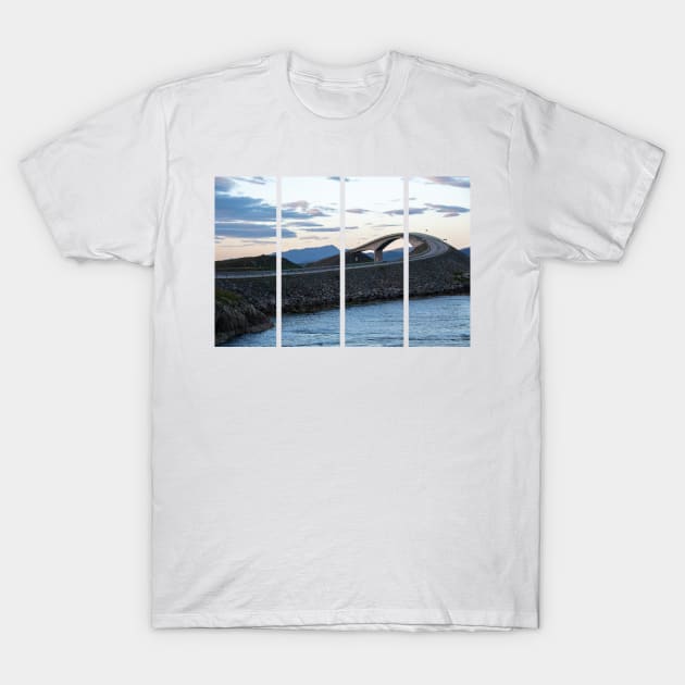 Wonderful landscapes in Norway. Vestland. Beautiful scenery of famous bridges on the Atlantic Road scenic route. Calm sea at the sunset in a cloudy day. Sunrays through clouds. T-Shirt by fabbroni-art